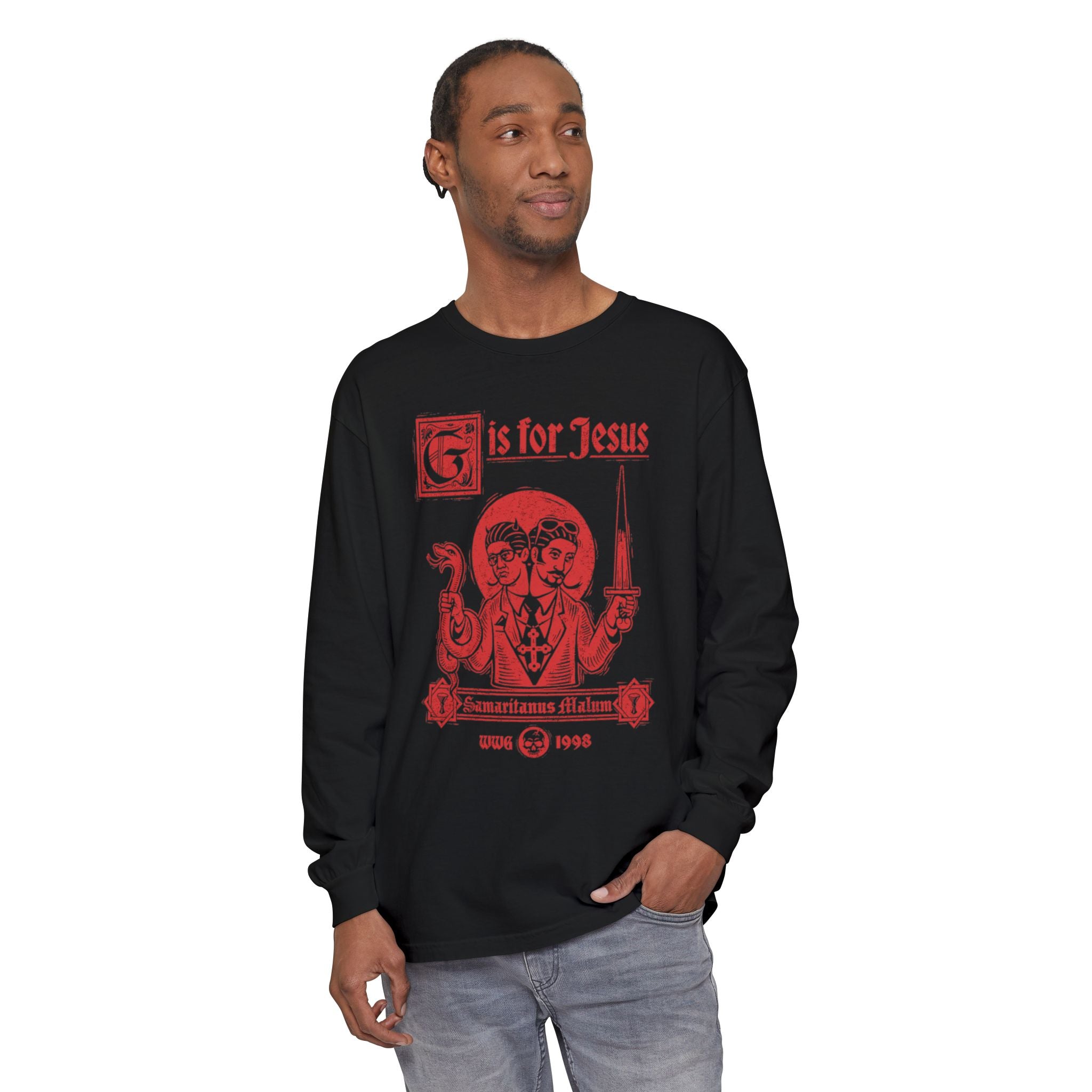 God of Roses Jesus Christ 赤 ロングカーディガン G is for Jesus Long Sleeve T-Shirt (Red Print) – Wizards With Guns